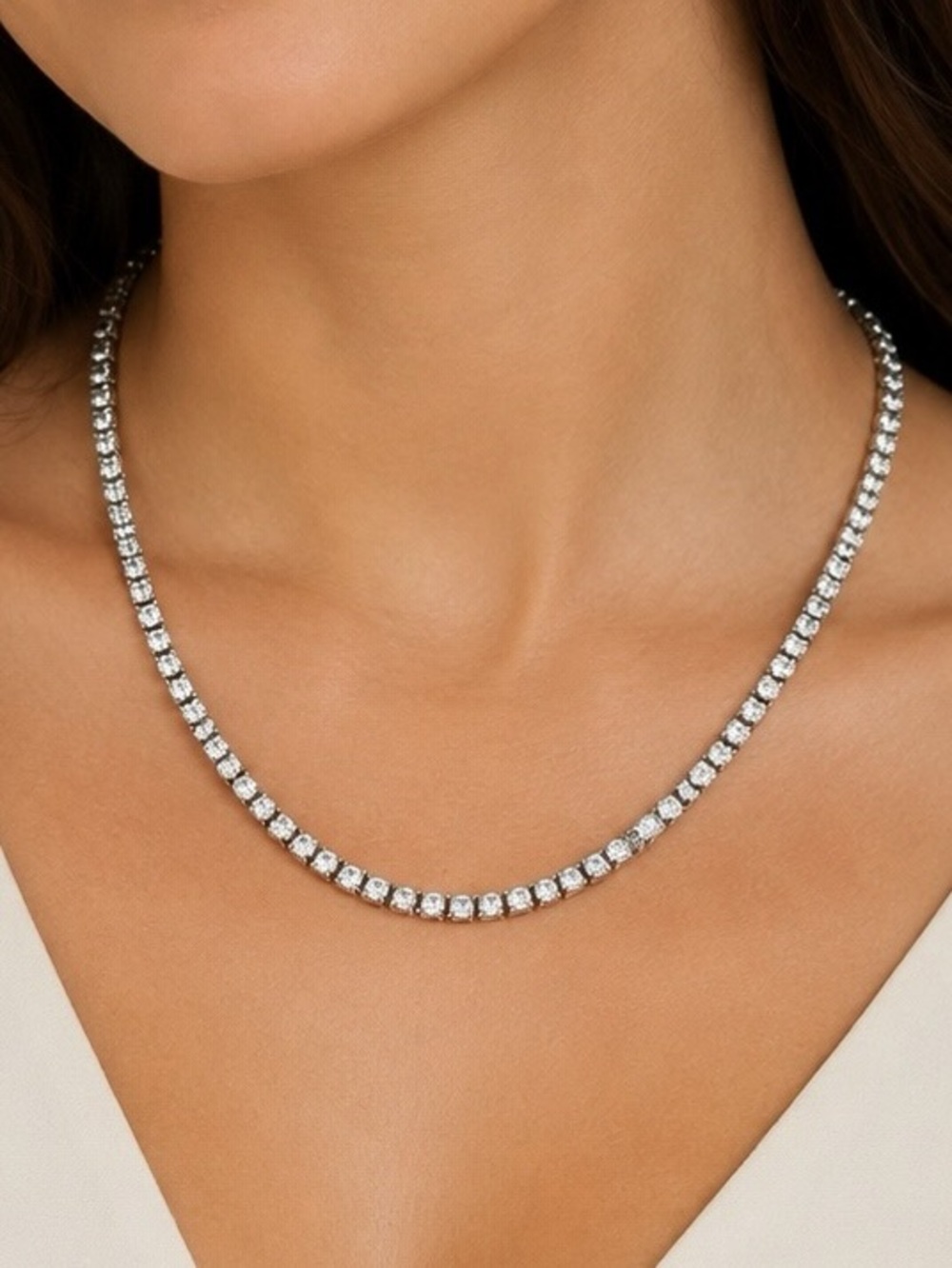 NEW Classic Diamond Tennis Necklace Silver Tone 24” Long Prong Set Crystals